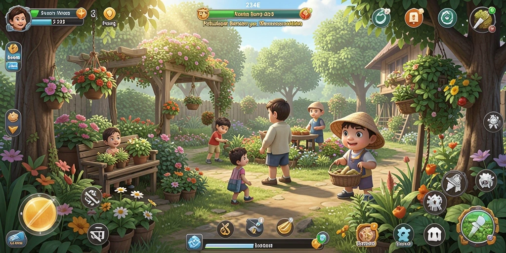 Screenshot utama 234E menampilkan gameplay berkebun yang menarik.