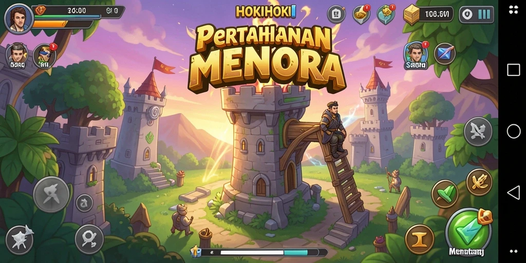 Screenshot gameplay HOKIHOKI dengan menara dan musuh yang menegangkan.