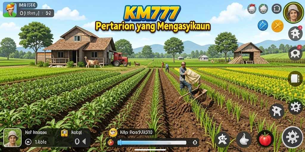 Screenshot utama KM777 menampilkan gameplay bertani yang menarik.
